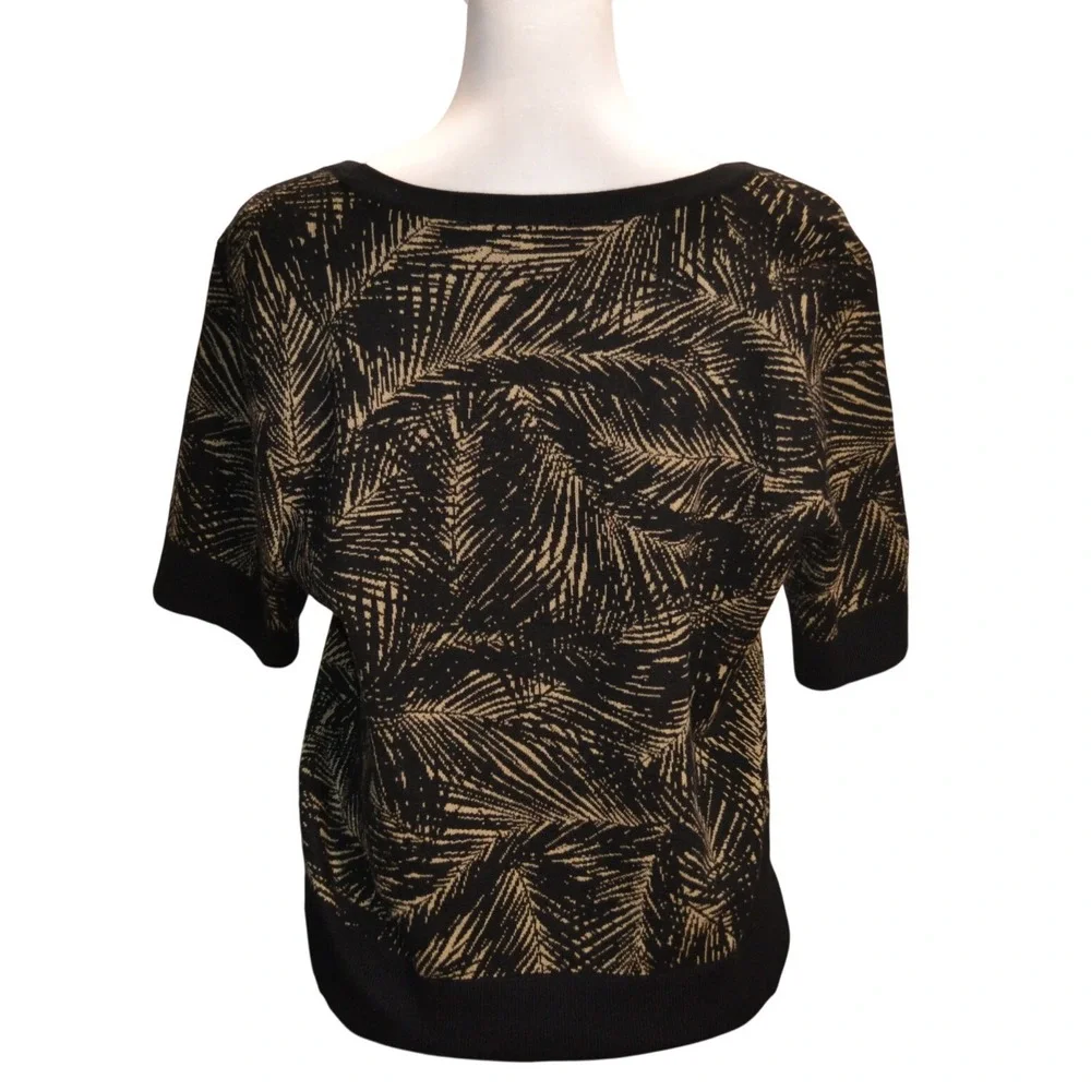 Michael Kors Womens XL Black Gold Palm Leaf Knit Short Sleeve Scoop Neck Sweater
